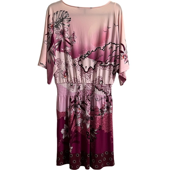 White House Black Market Pink Floral Kimono Sleeve Smock Waist Dress Size Medium - Picture 2 of 4